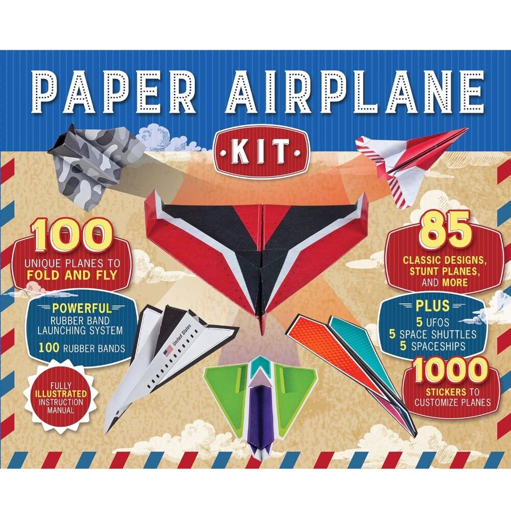 3/$55❤️Paper Airplane Kit 100 Planes 1000 Stickers Rubber Band Launcher
